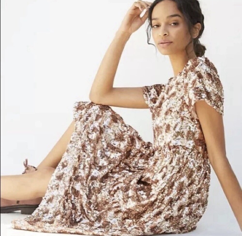 Maeve Dress Womens Small Gold Sequin Tiered Party Holiday Bernadette Heavy